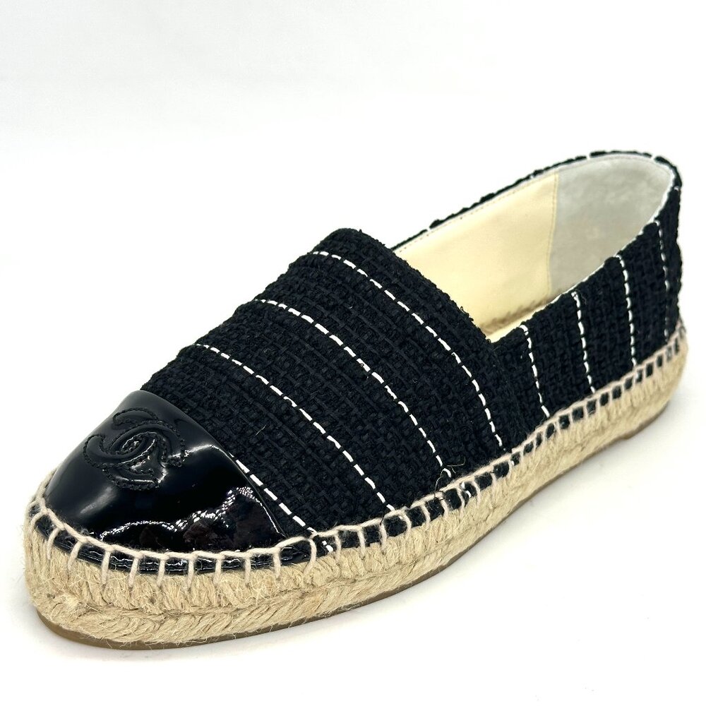 CHANEL 15S 2015 Classic Tweed Patent Cap Toe CC Logo Espadrilles Flats Shoes